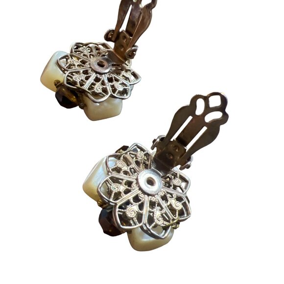 Vintage Clip-on Earrings AB MOP Haskell Era Filagree Back Smoky Quartz Look - Picture 3 of 16